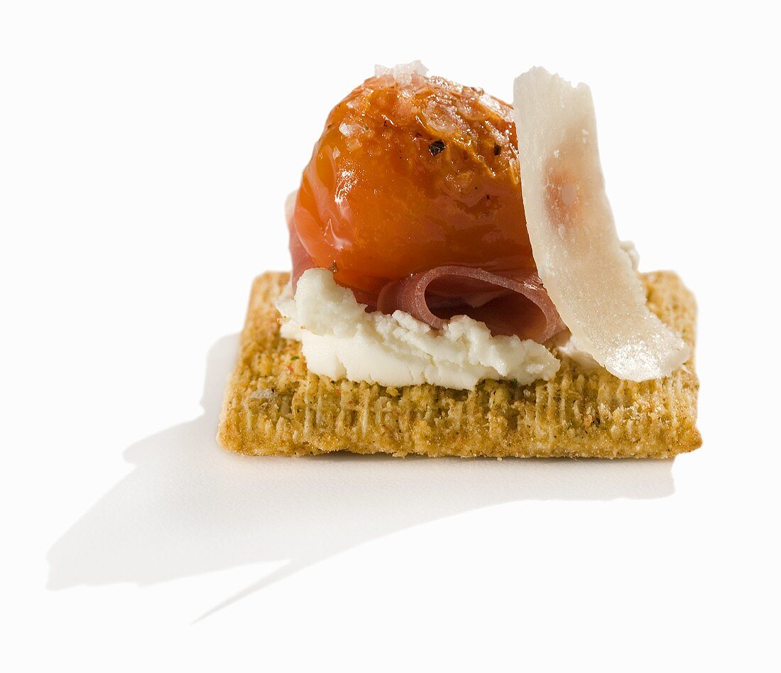 Tomato and Cheese on a Cracker; Appetizer