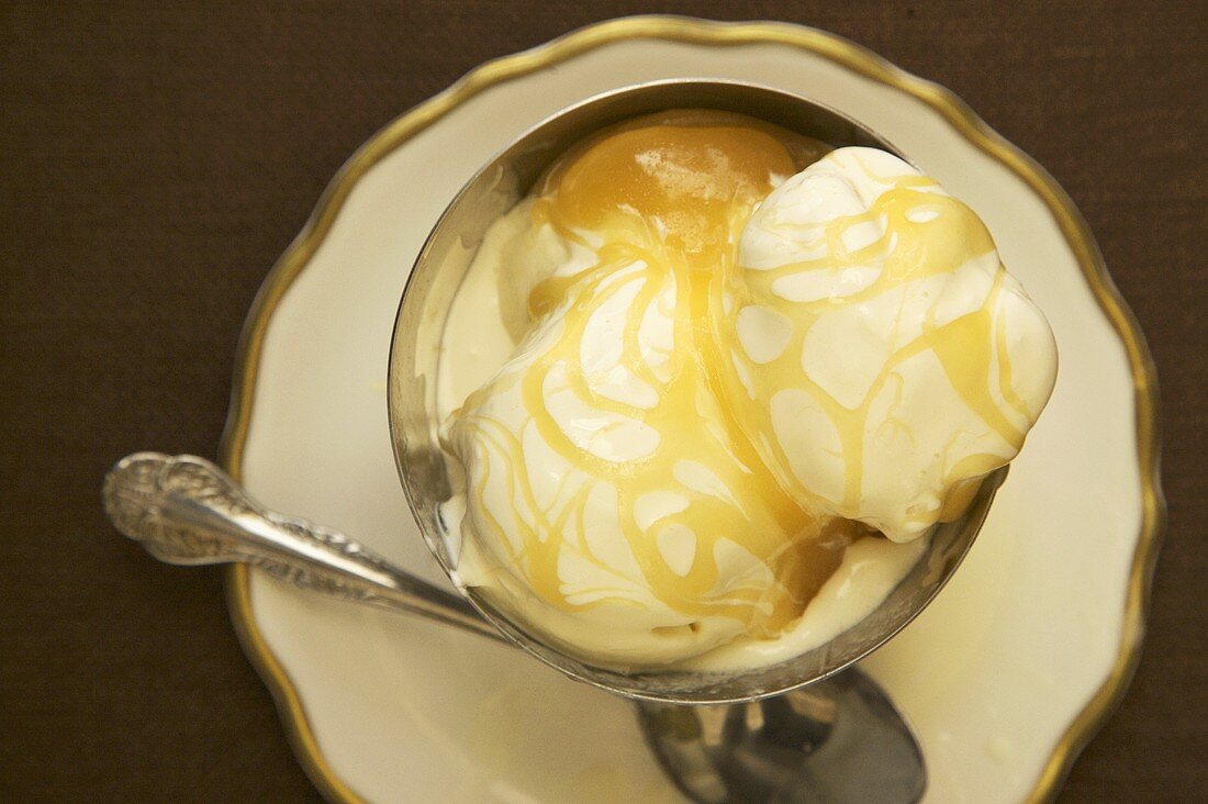Bowl of Vanilla Ice Cream with Butterscotch Sauce; From Above