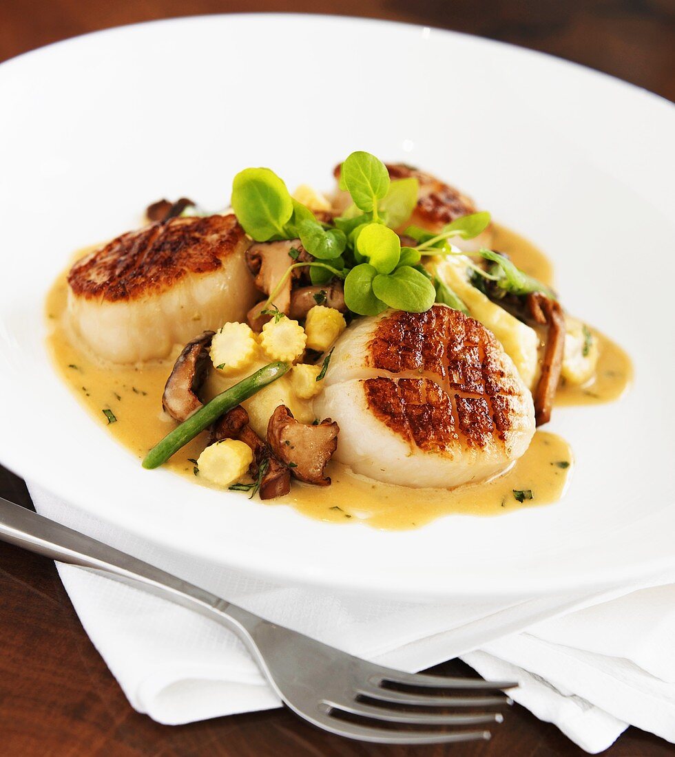 Pan Seared Scallops with Chanterelle Mushrooms and Baby Corn