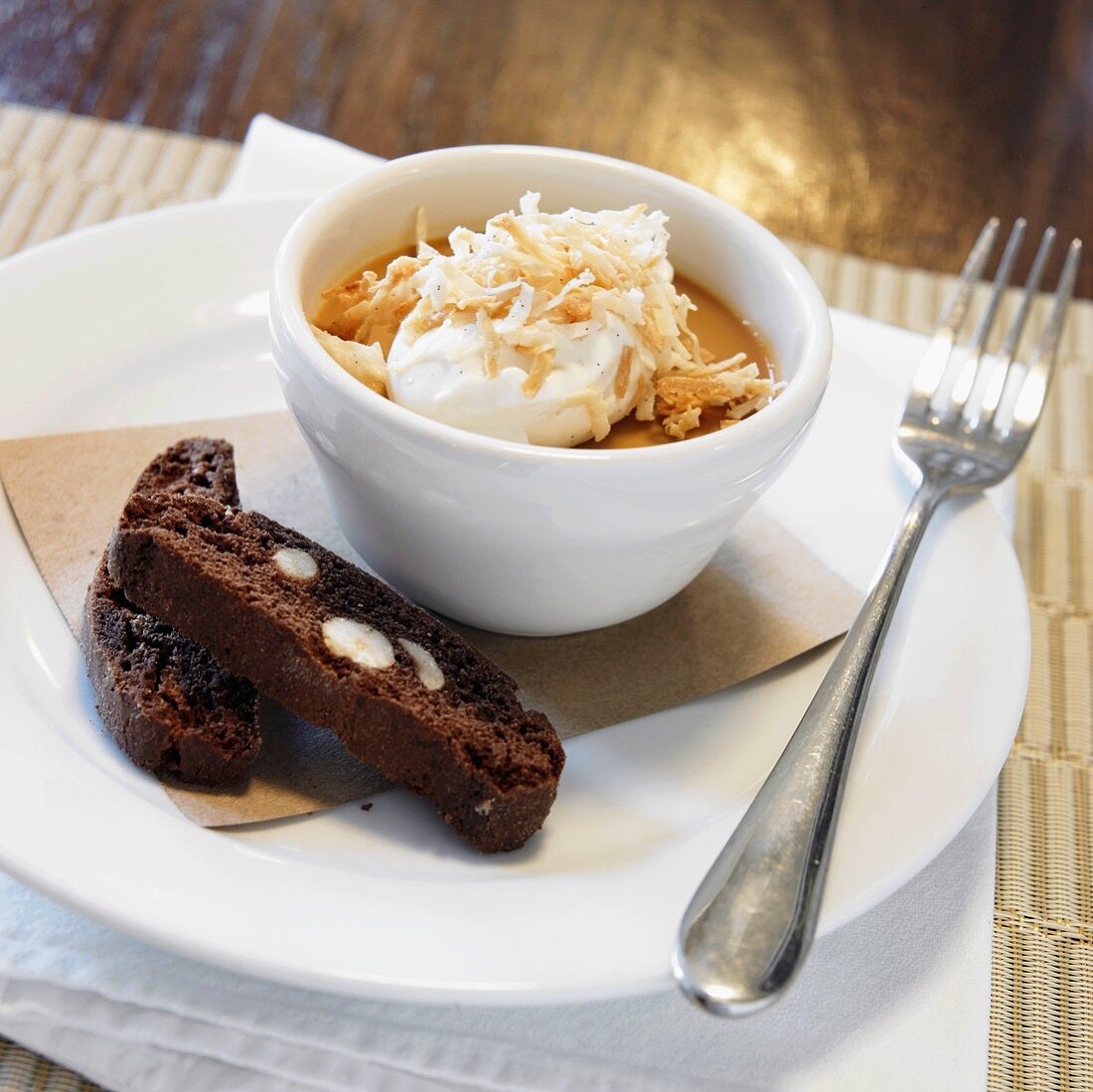 Espresso Custard with Toasted Coconut and Chocolate Biscotti