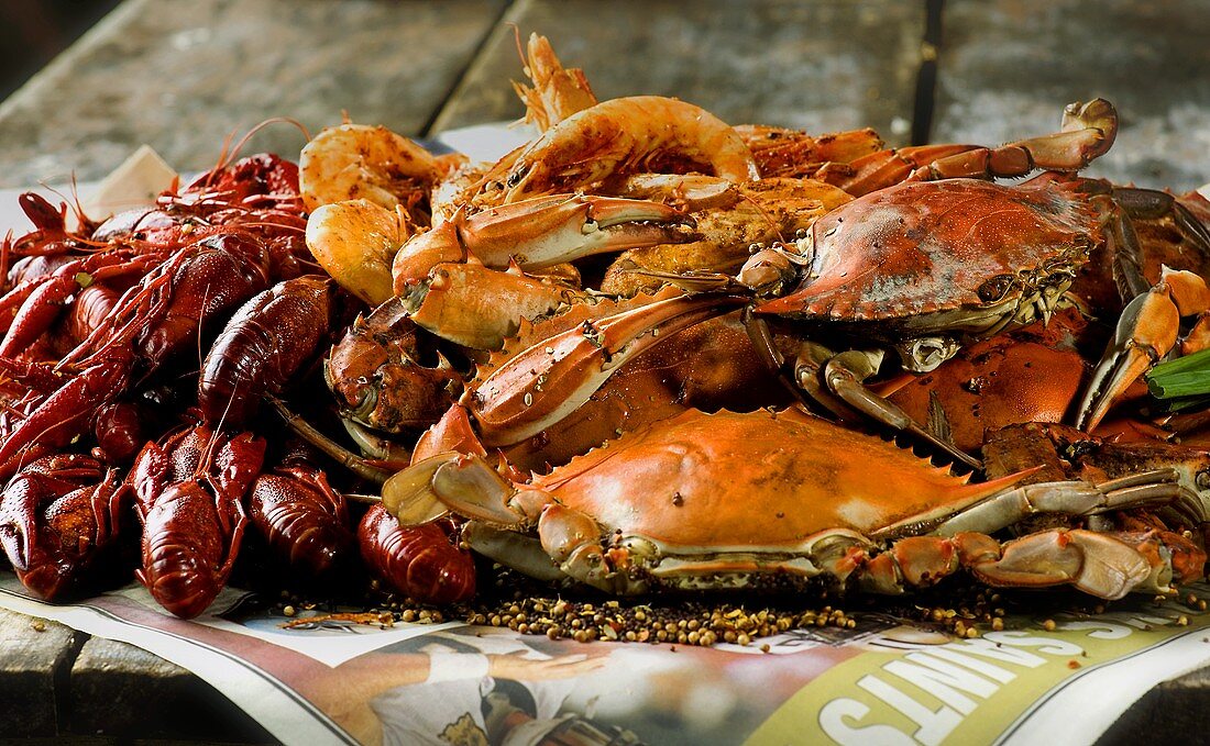 Crawfish and Crabs on Newspaper
