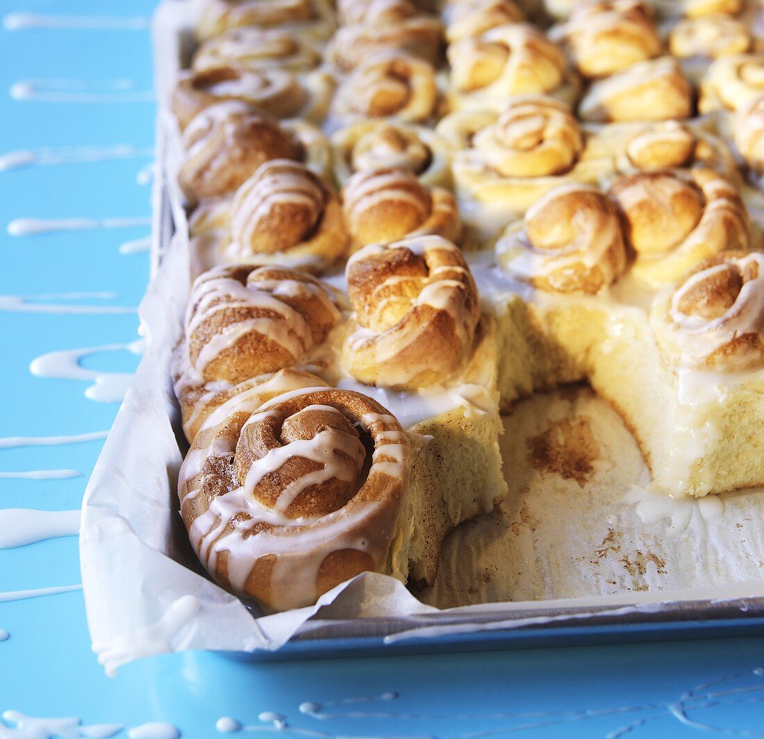 Hefeschnecken auf mit Backpapier ausgelegtem Backblech