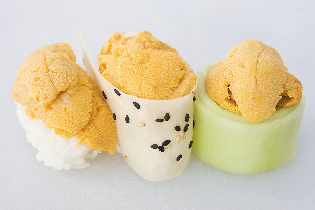 Uni (Sea Urchin) Over Rice, in Sesame Seaweed Wrapper and on Cucumber