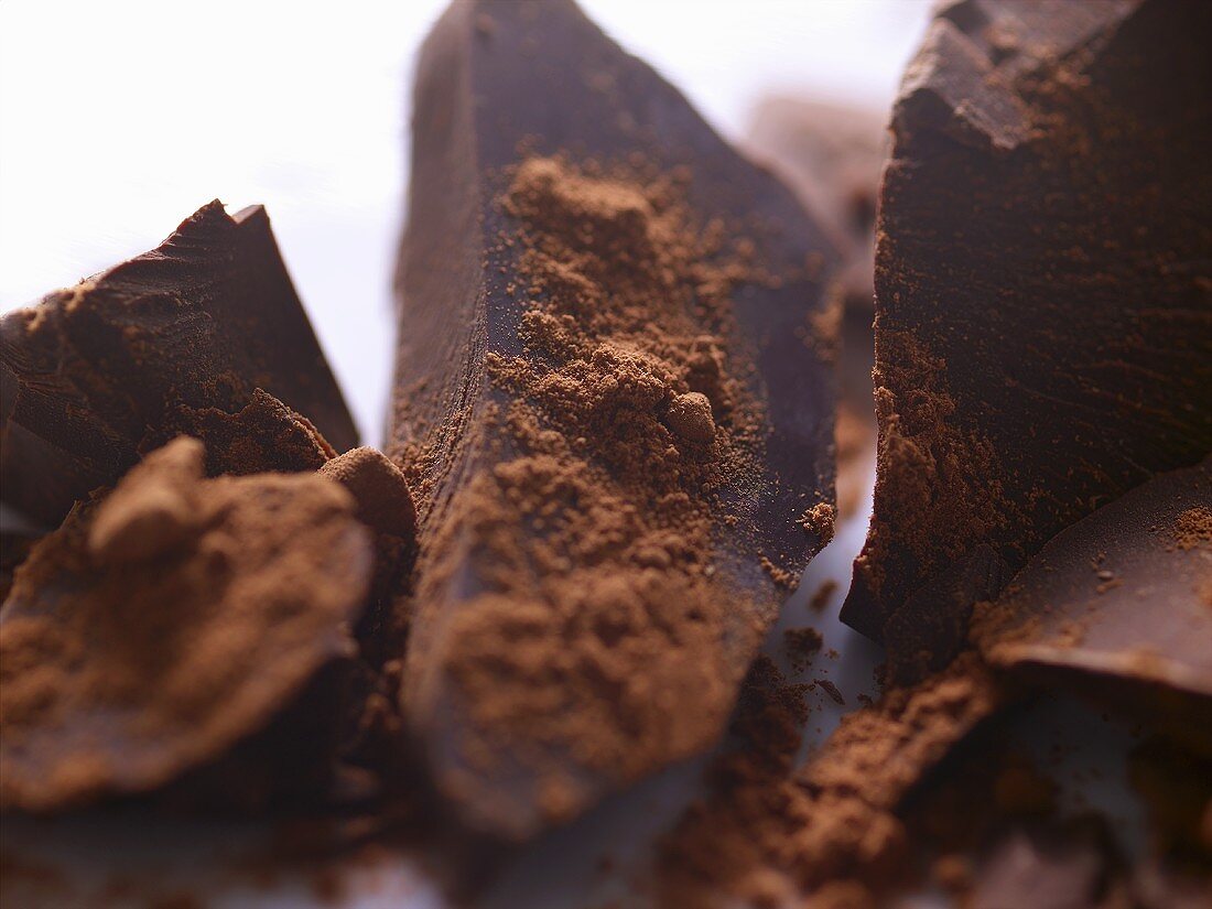 Dunkle Schokoladenstücke mit Kakaopulver