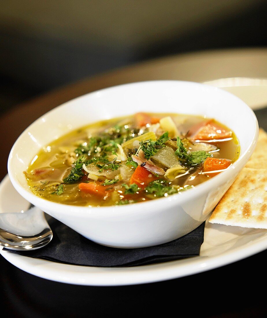 Bowl of Chicken Noodle Soup with Crackers