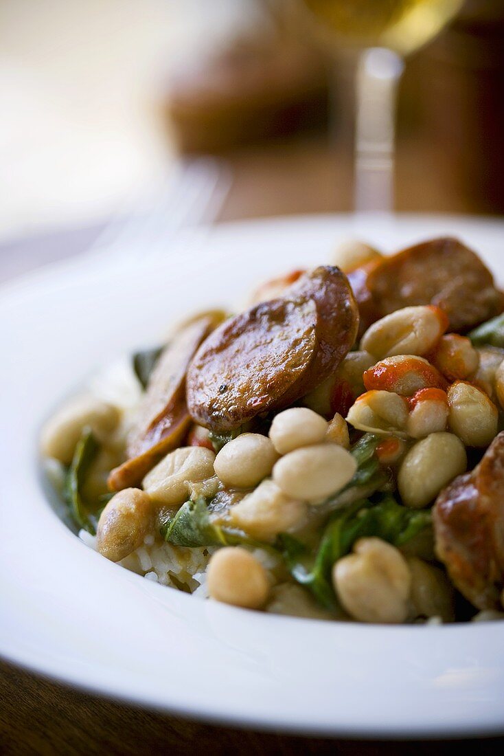 Collard Greens and Andouille Sausage Sauteed with Cannellini Beans