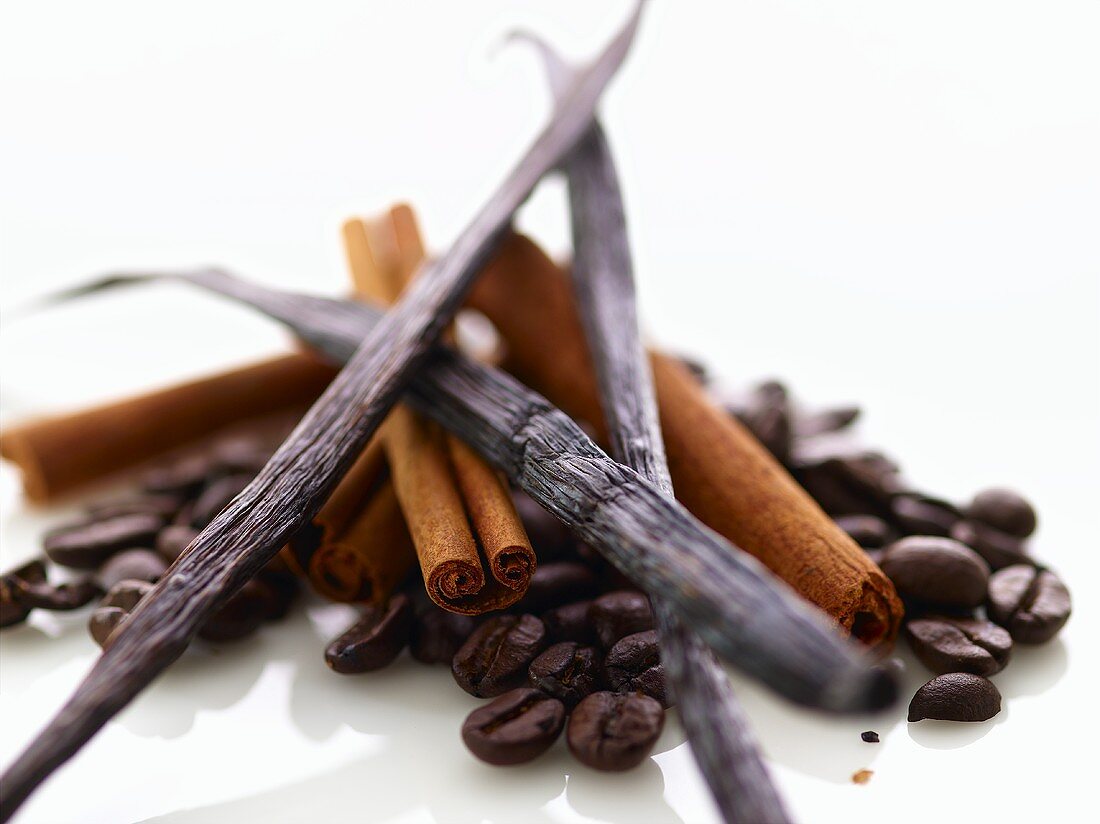 Cinnamon Sticks, Coffee Beans and Vanilla Beans