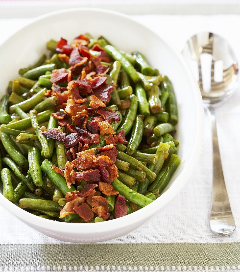 Serving Dish of Braised Green Beans with Bacon