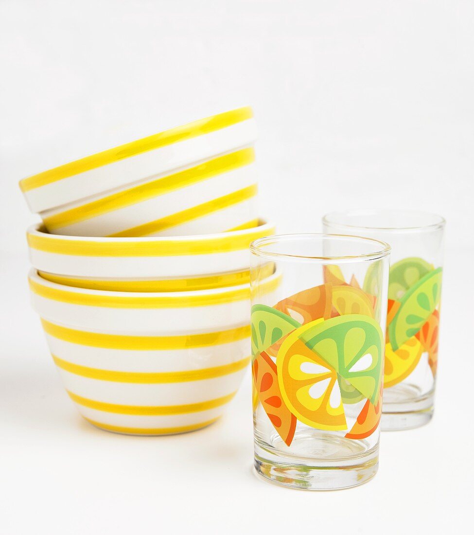 Yellow Striped Bowls with Colorful Juice Glasses