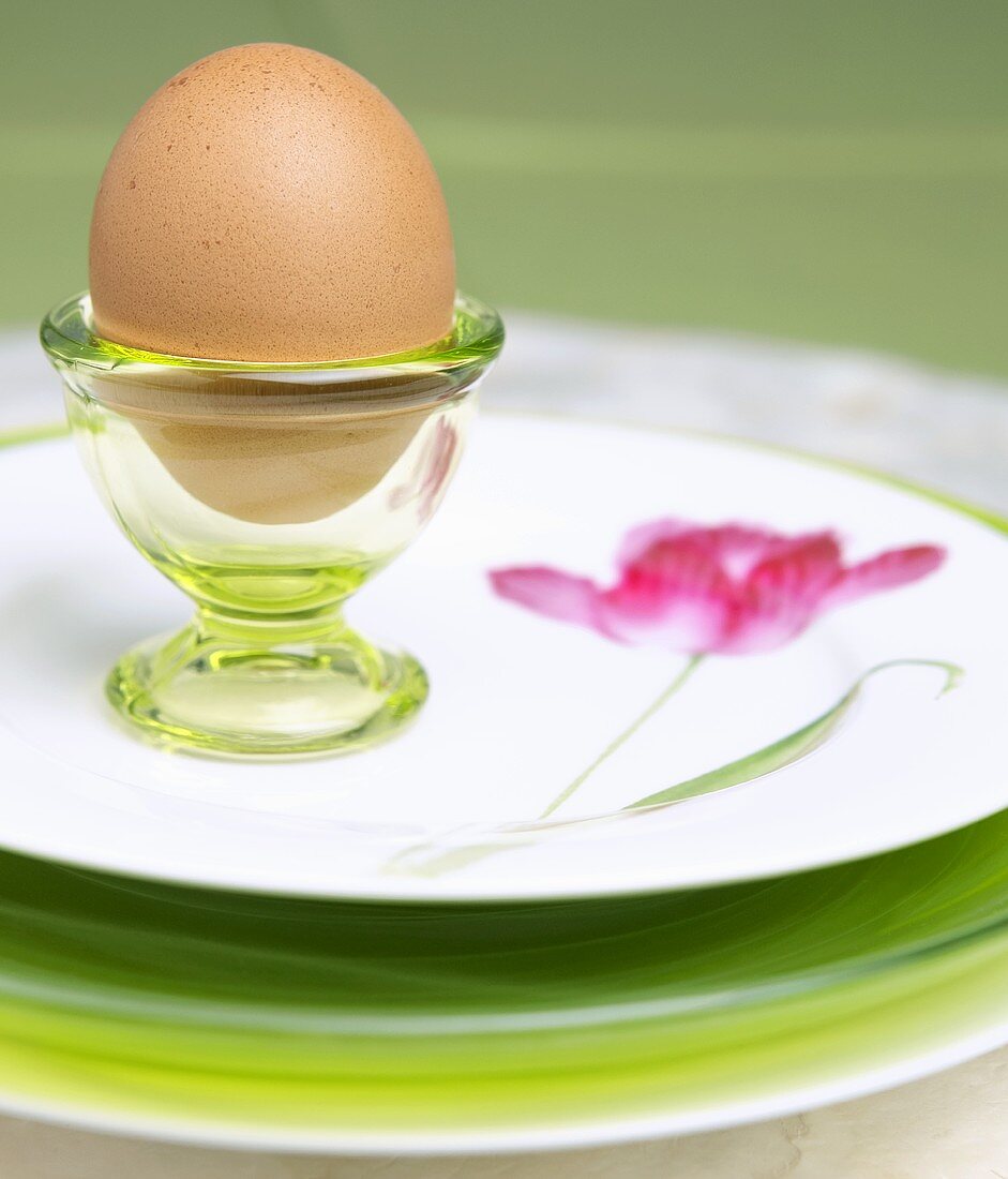 Brown Egg in Green Glass Egg Cup