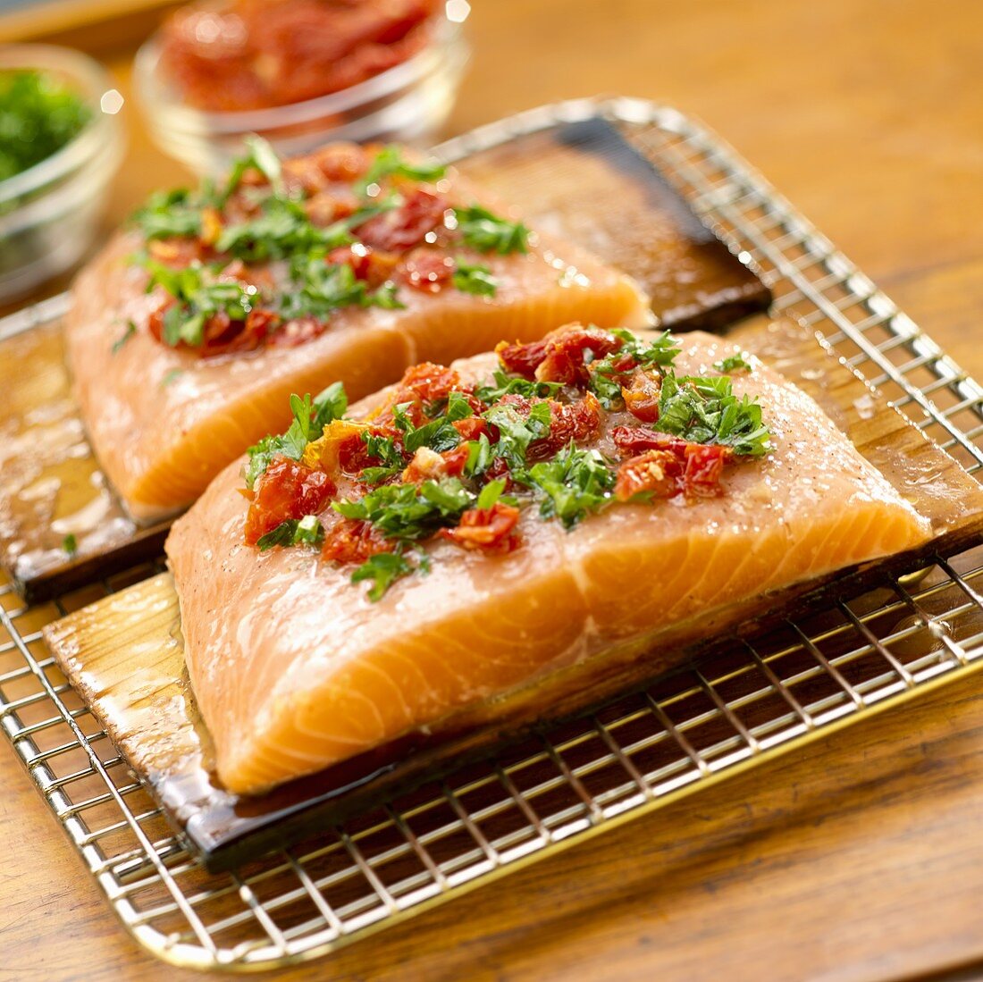 Two Cedar Planked Salmon Fillets with Sundried Tomatoes and Parsley