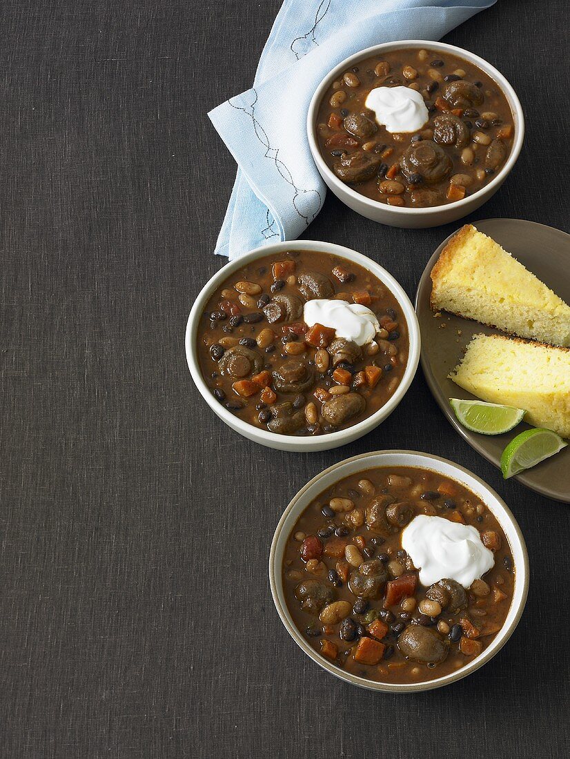 Three Bowls of Vegetarian Chili; Corn Bread