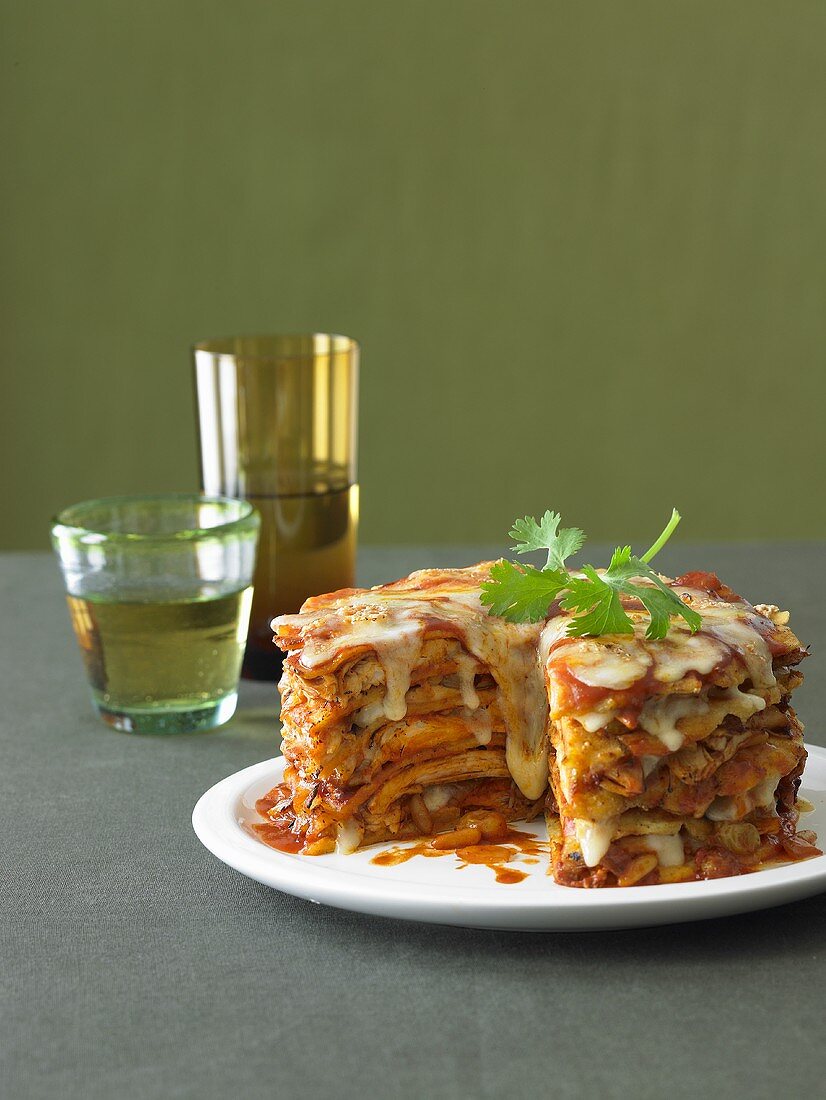 Layered Mexican Enchilada Pie; Slice Removed