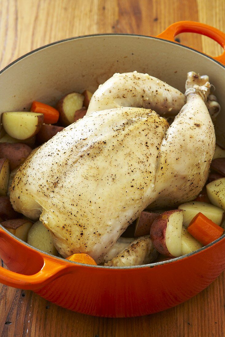Chicken in a Pot, Whole Chicken Cooked with Root Vegetables in Dutch Oven