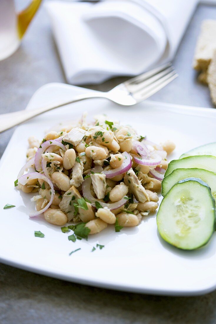 Cannellini Beans, Tuna and Red Onion Salad with Parsley; Cucumber Slices