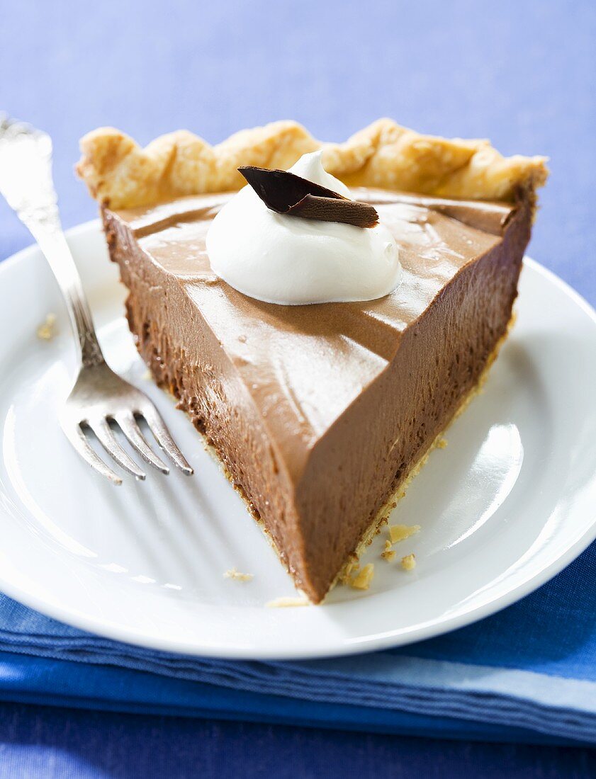 Slice of French Silk Pie with Fork; Chocolate Custard Pie