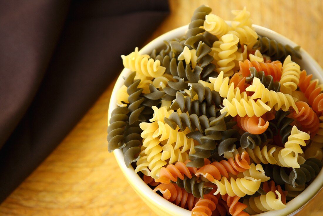 Tri-Colored Fusilli in a Bowl