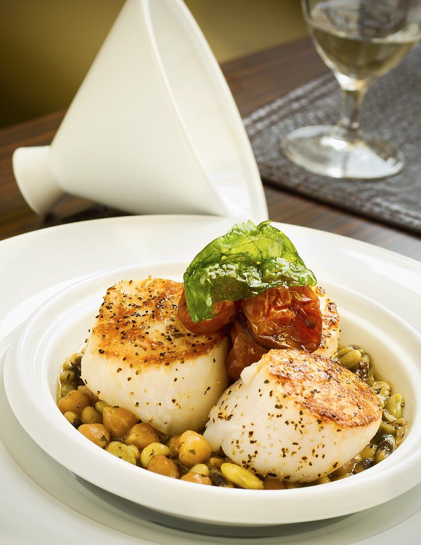 Roasted Moroccan Scallops on Bed of Chickpeas