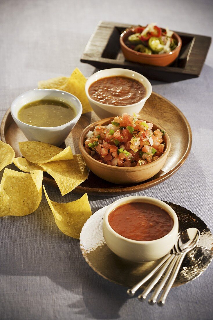 Corn Chips with Four Different Salsas and Dips