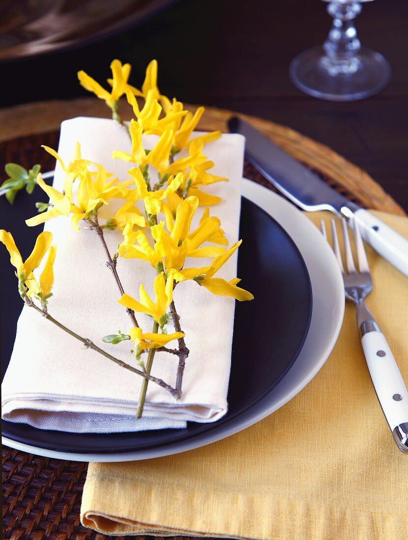 Place Setting with Forsythia Branch