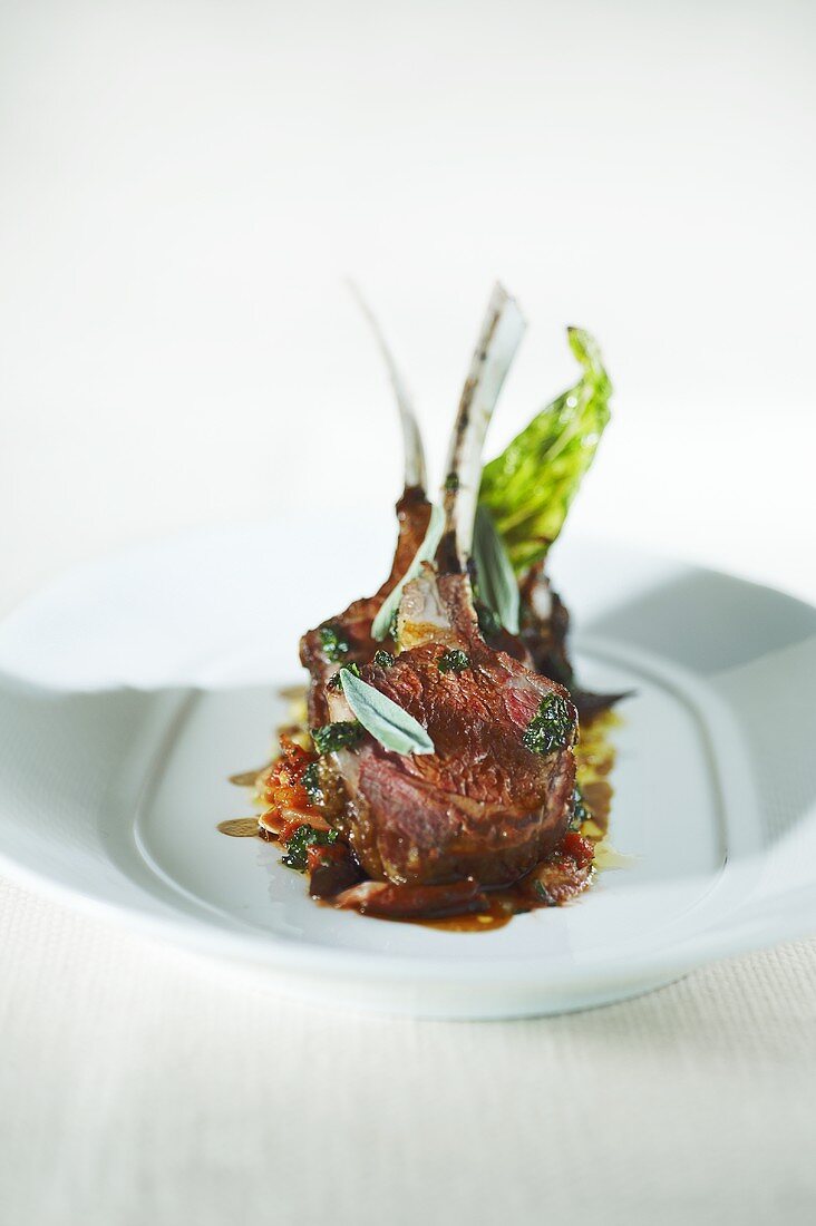 Lamb Cutlets with Sage and Butter on Bed of Braised Shank