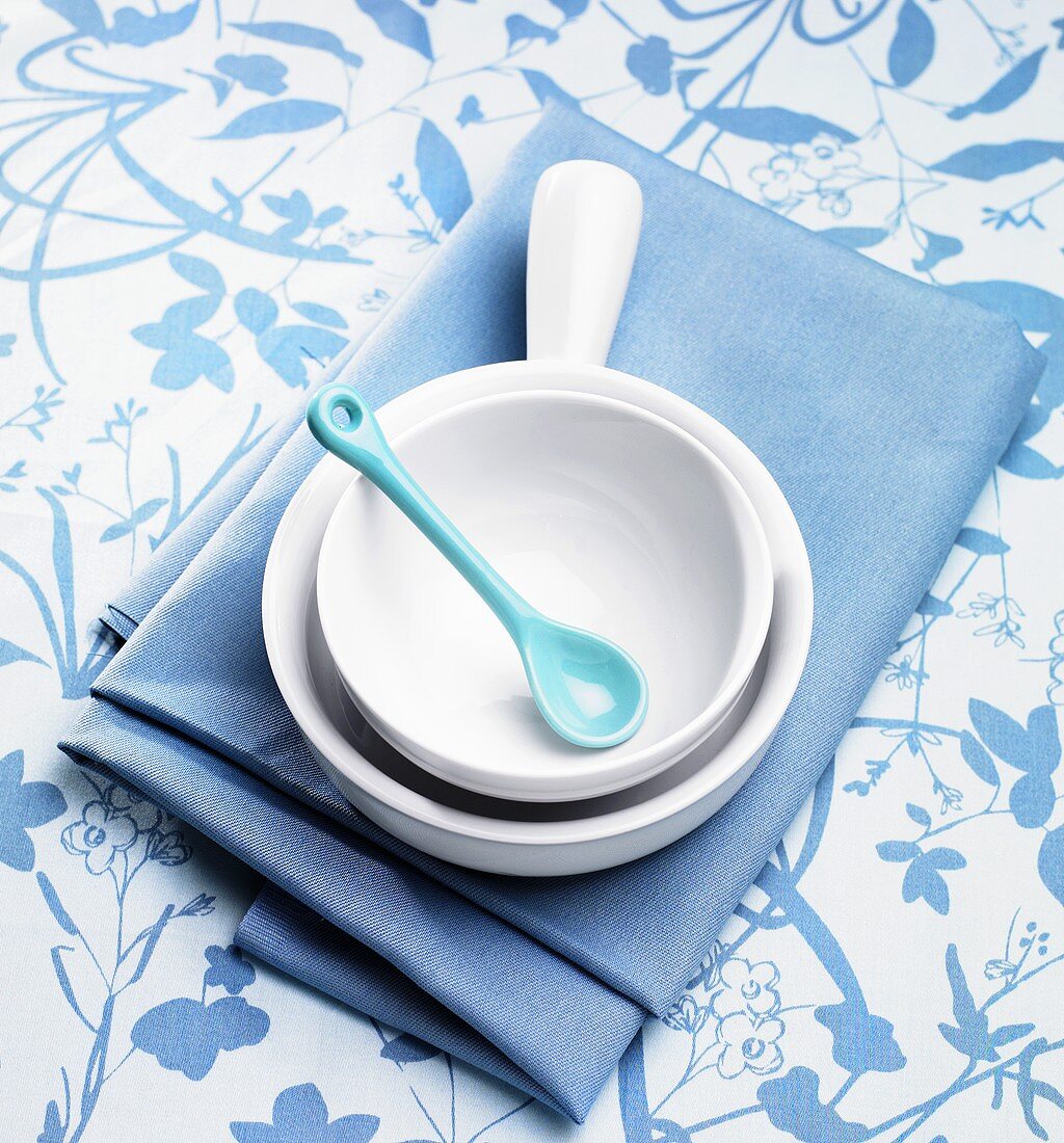 White and Blue Bowls, Spoon and Linens