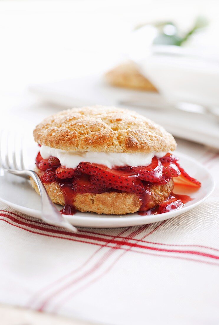 Individual Strawberry Shortcake on a White Plate with Fork