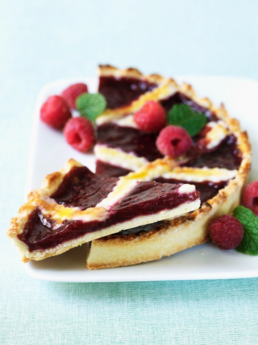 Raspberry Jam Tart; Sliced with Fresh Raspberries