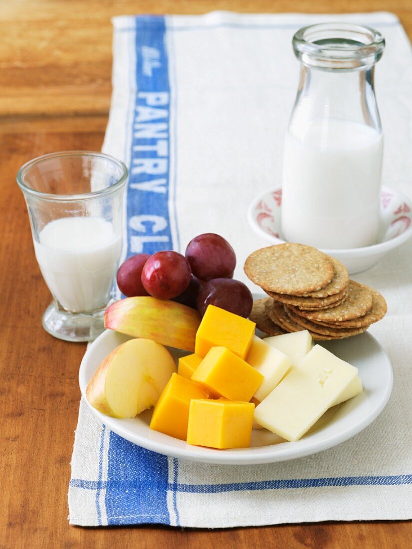 Cheese and Crackers with Fruit; With Milk