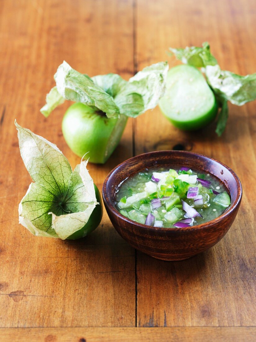Small Bowl of Salsa Verde with Fresh Tomatillos