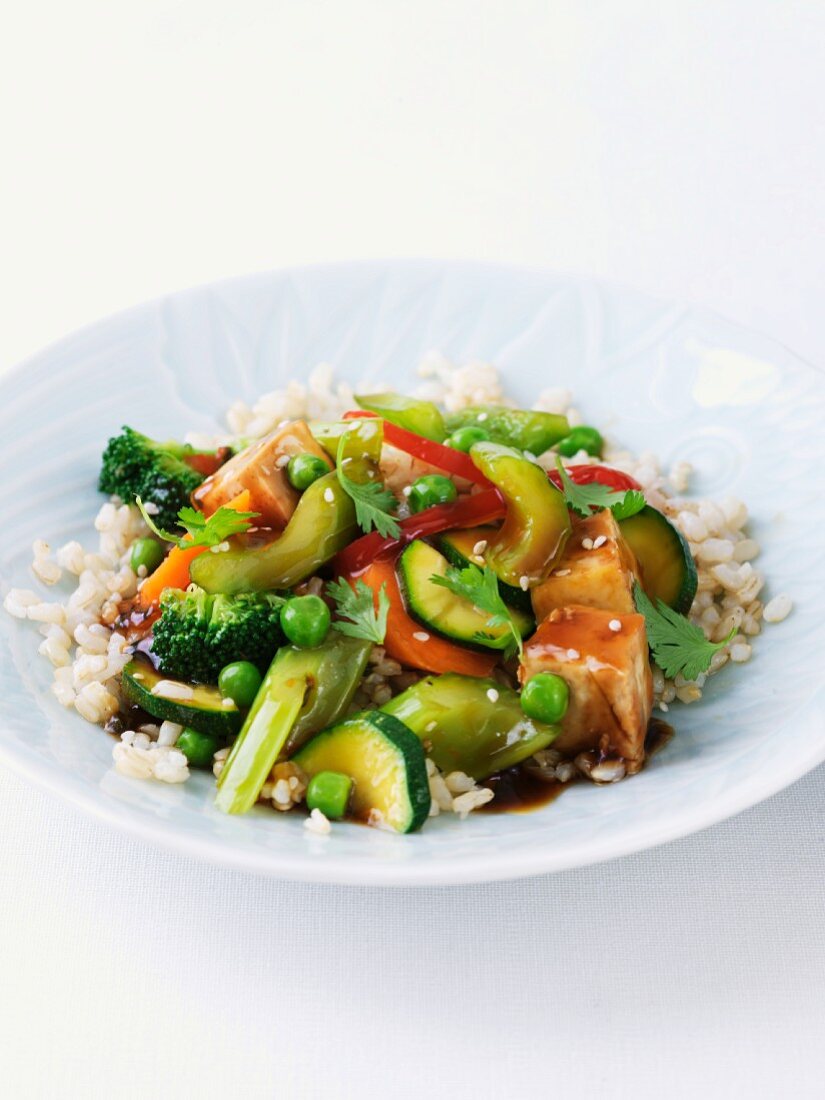 Stir Fry Vegetables and Tofu Over Brown Rice