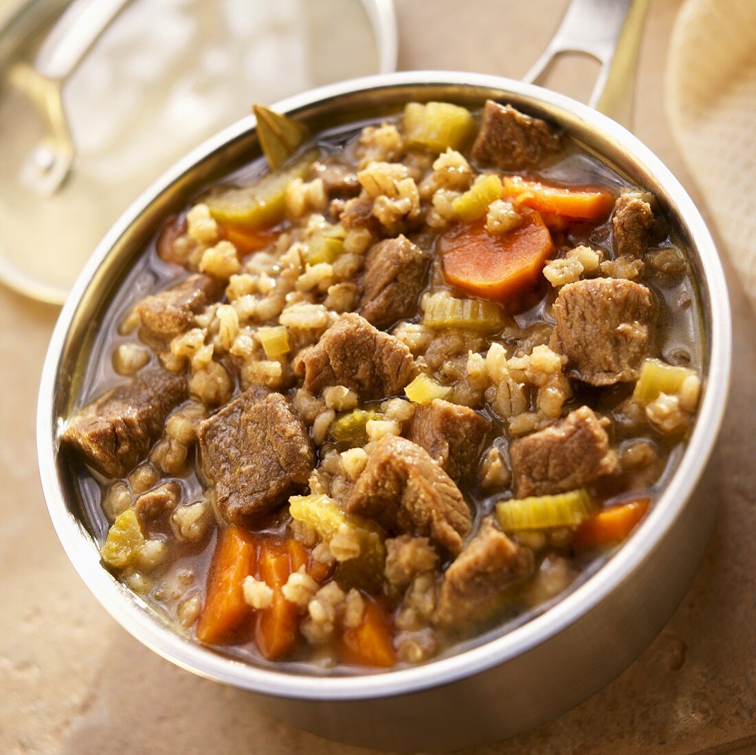 Beef Barley Soup with Carrots and Celery in a Pot