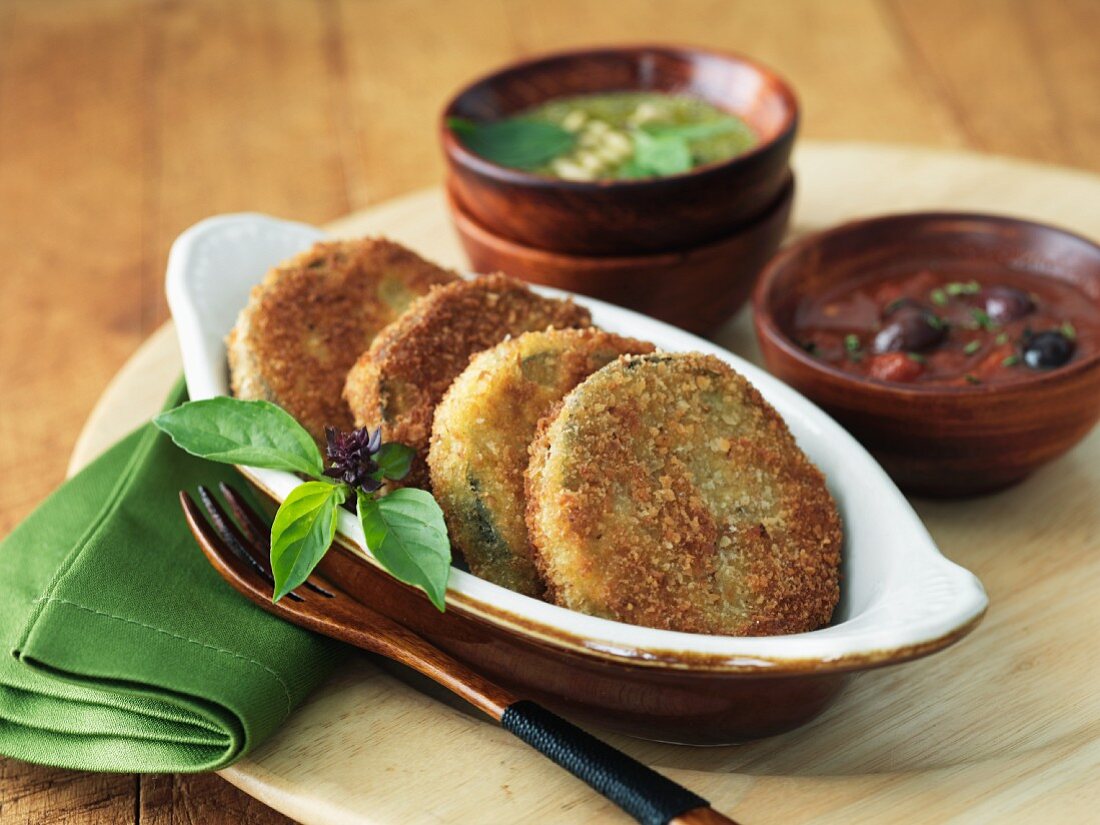 Fried Eggplant Slices with Dipping Salsas