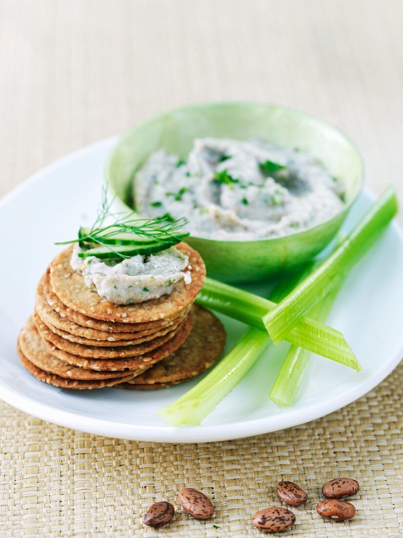 Bean Dip Spread on Stacked Crackers; Bowl of Spread
