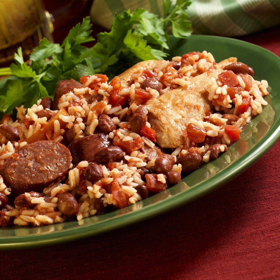Plate of Red Beans and Rice with Andouille Sausage and Chicken