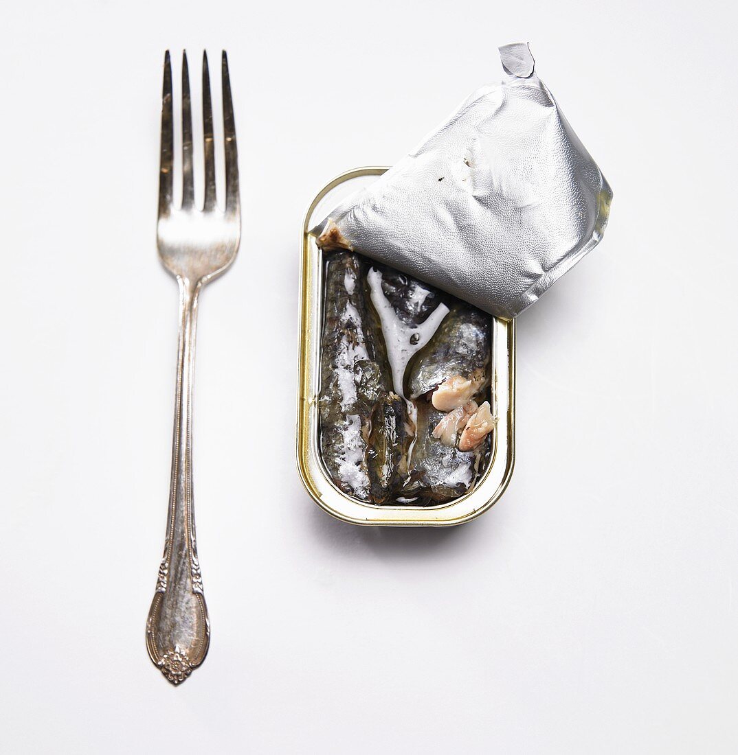 Opened Can of Sardines with Fork