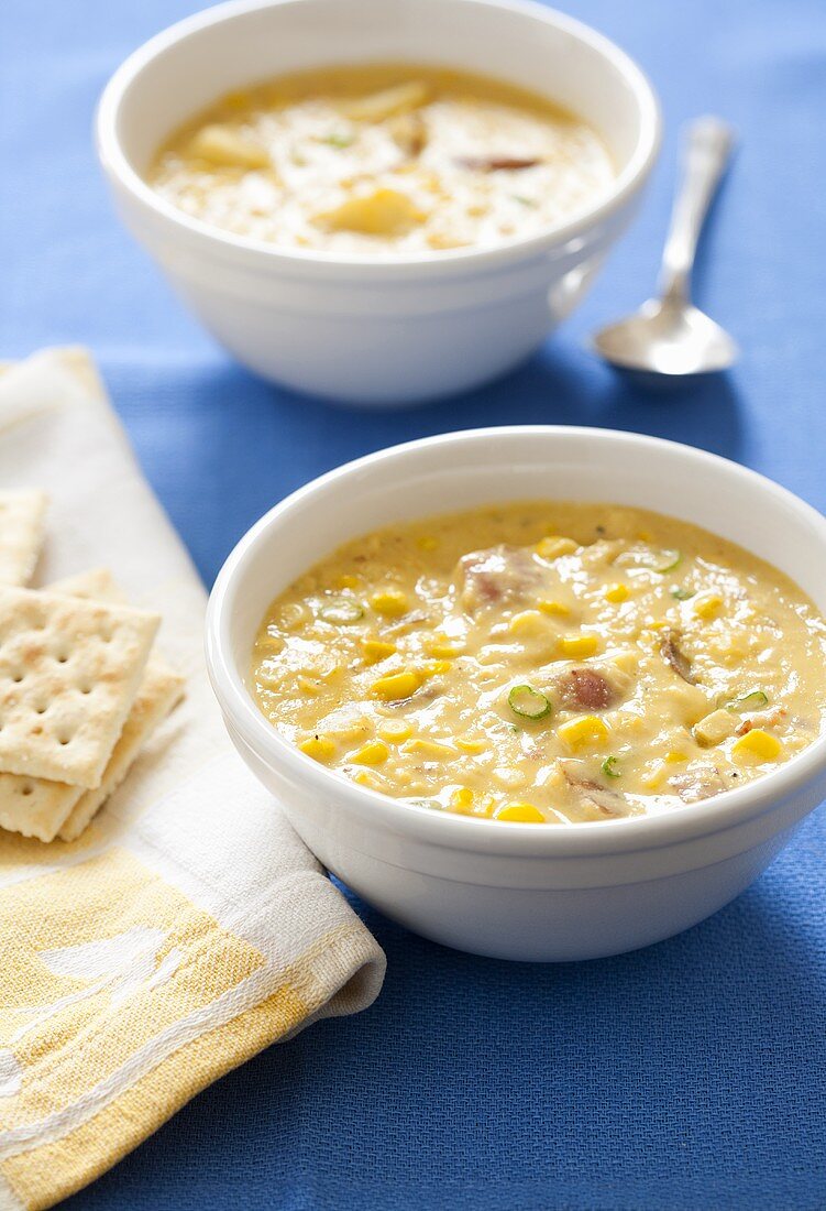 Two Bowls of Corn Chowder; Crackers