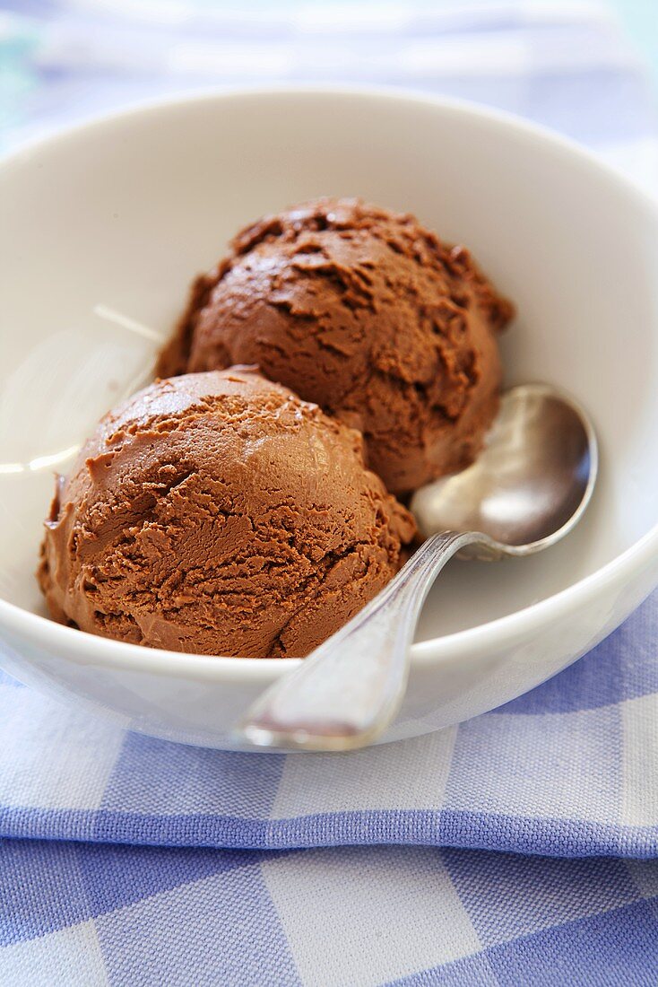 Bowl with Two Scoop of Chocolate Ice Cream and Spoon