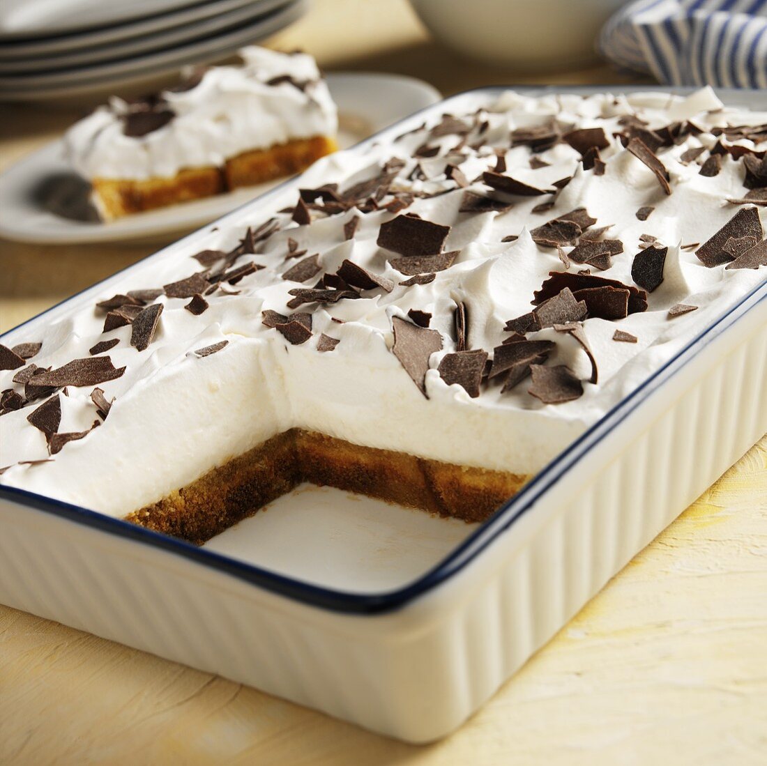 Quick Soy Tiramisu with Chocolate Curls; Slice Removed