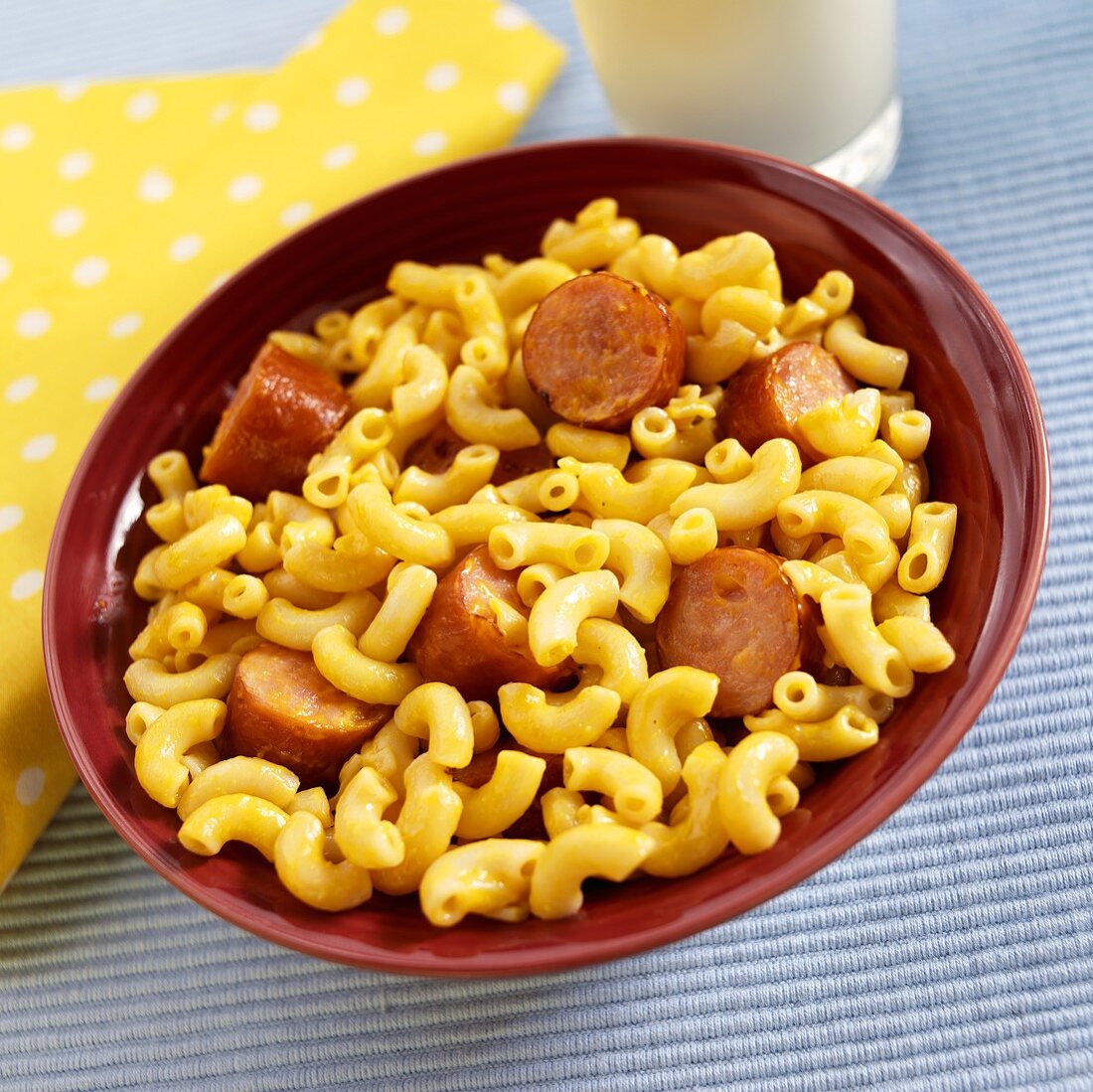 Bowl of Macaroni and Cheese with Sausage; Milk 