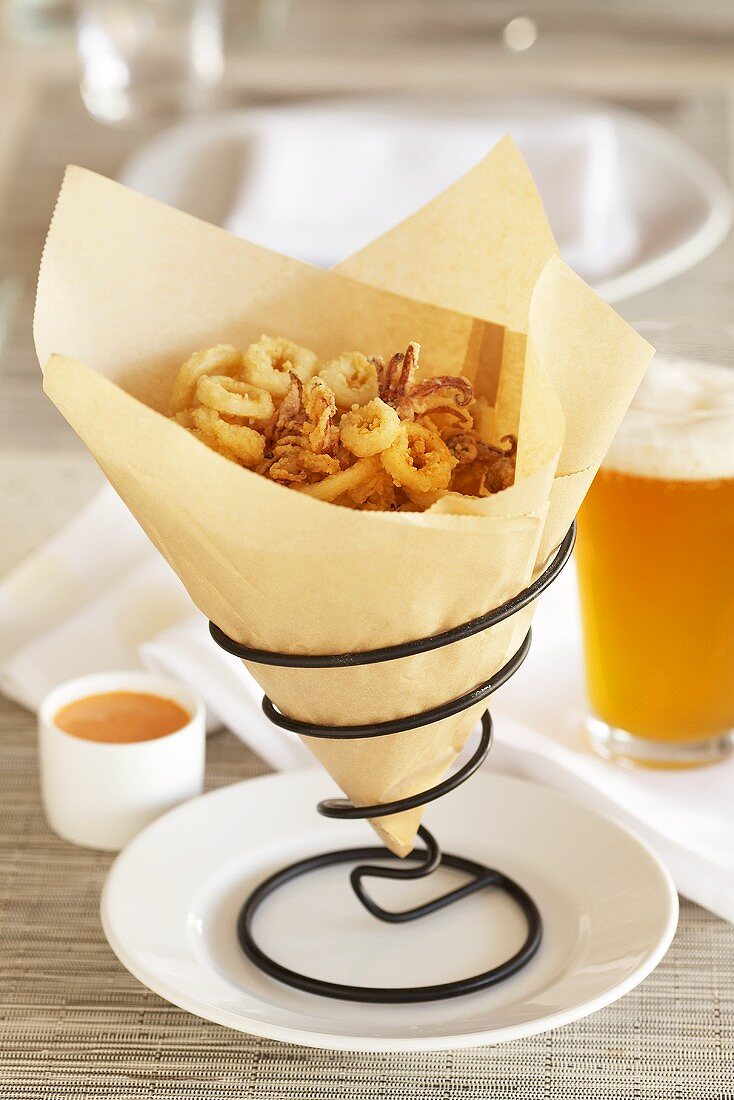 Fried Calamari in Paper Cone; Sauce and Beer