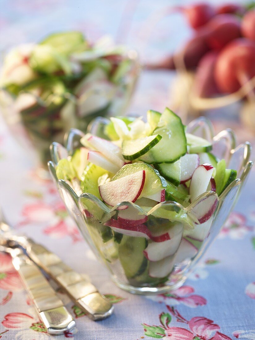 Radish and Cucumber Salad in Glass Bowls