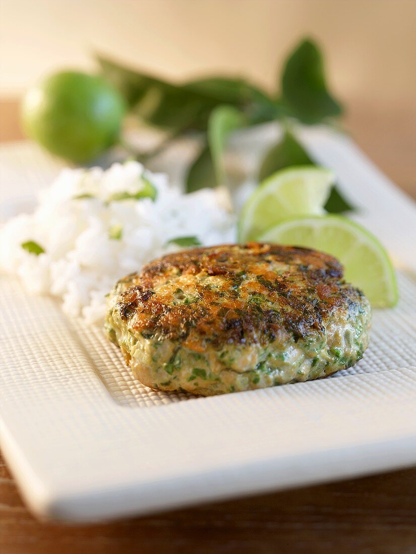 Salmon Cake with Lime Wedges and Rice