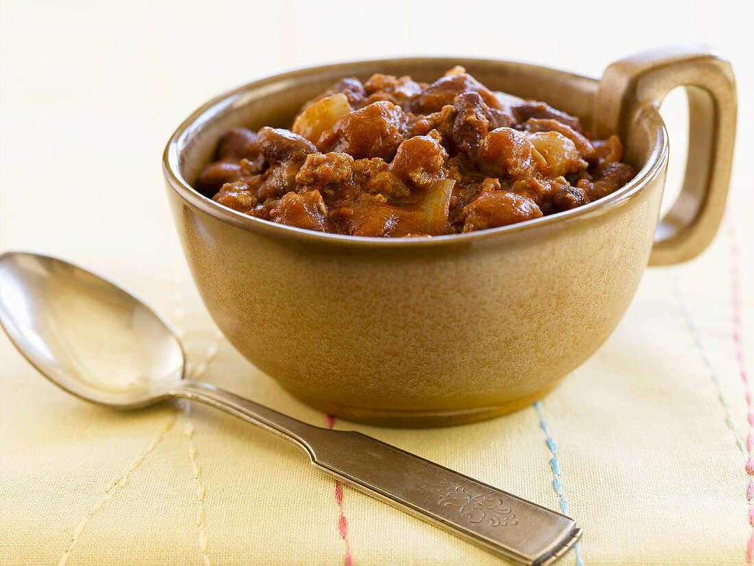 Bowl of Slow Cooker Texas Chili; Spoon