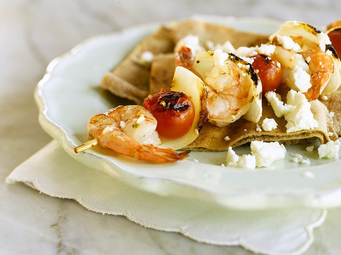 Grilled Greek Shrimp and Tomato Skewer with Feta Cheese