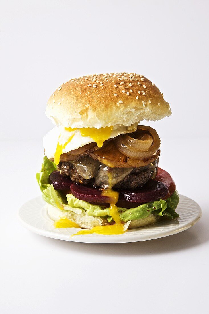 Australian Hamburger with Fried Egg, Pineapple and Beets