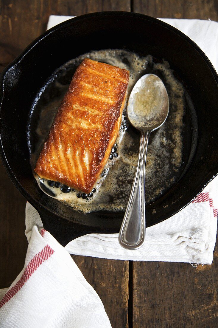 Salmon Glazed in Butter in Cast Iron Pan