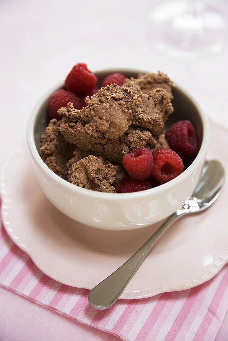 Laktosefreies Schokoladeneis mit Himbeeren