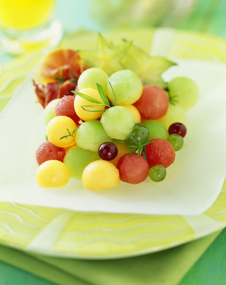 Melon Ball Fruit Salad on a Plate