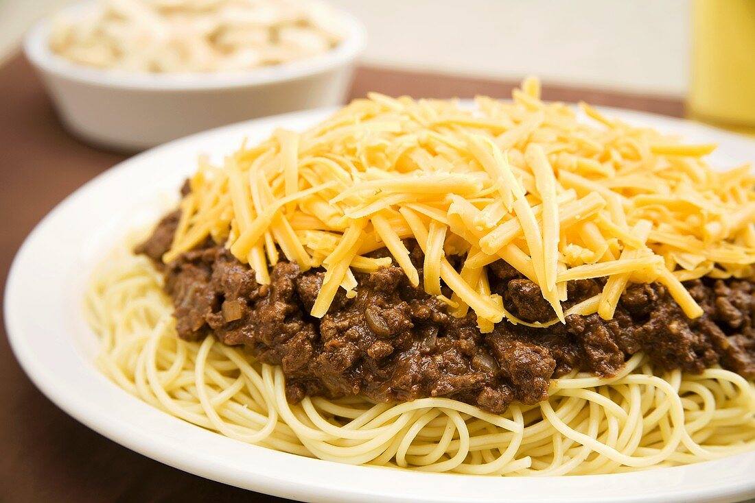 Cincinnati Chili; Chili Over Spaghetti with Shredded Cheese